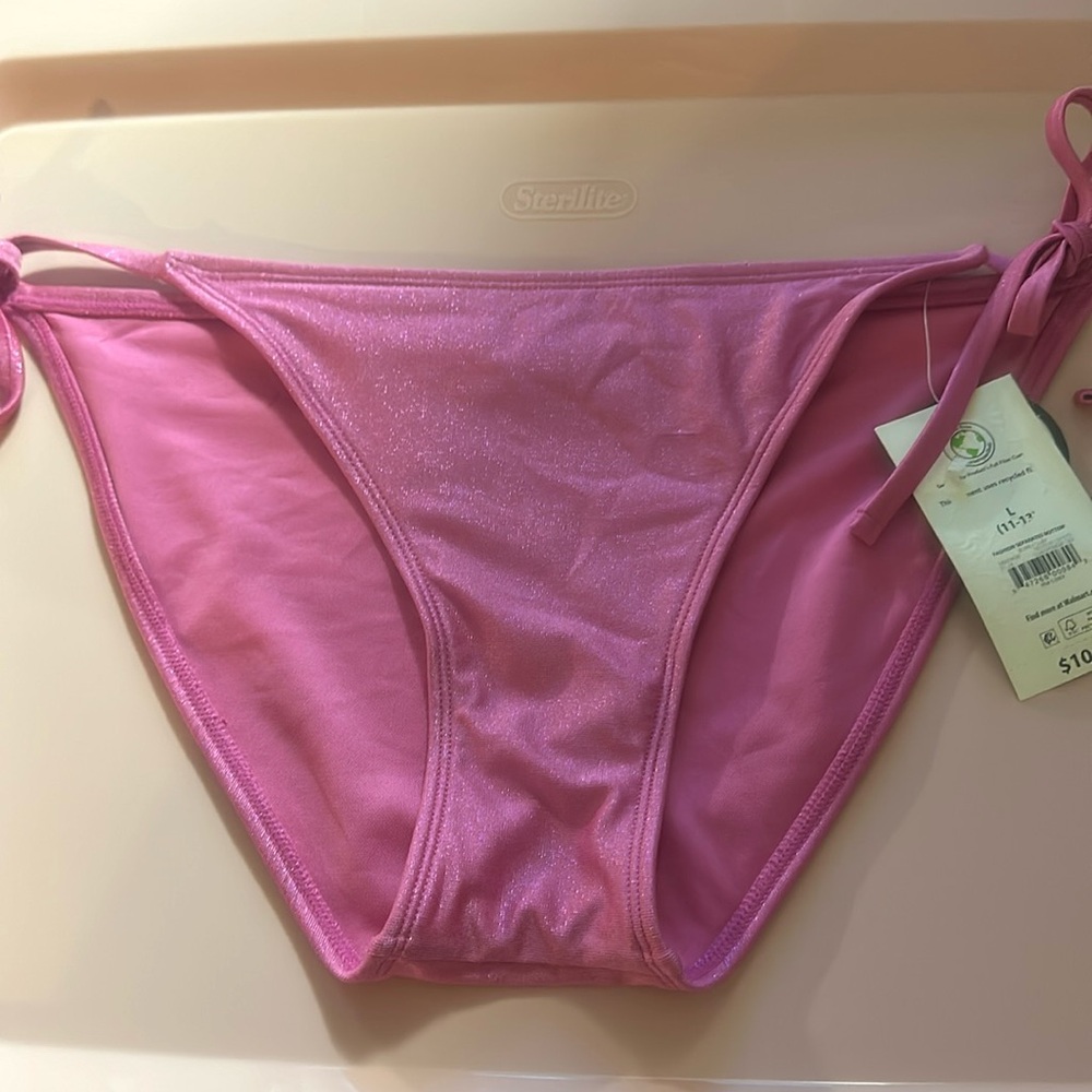 NO BOUNDARIES SIDE TIE PINK SPARKLE BIKINI BOTTOM: NEW WITH TAGS: JRS L (11-13)
